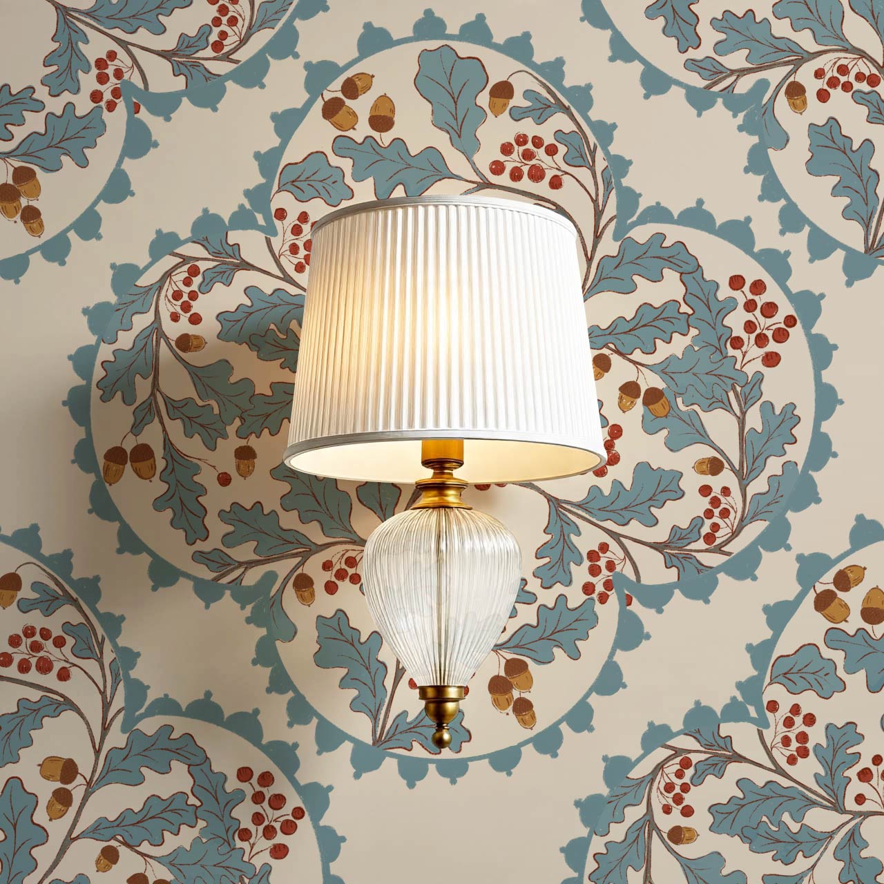 Herminia Oak Leaves Medalions Neutral Teal Wallpaper
