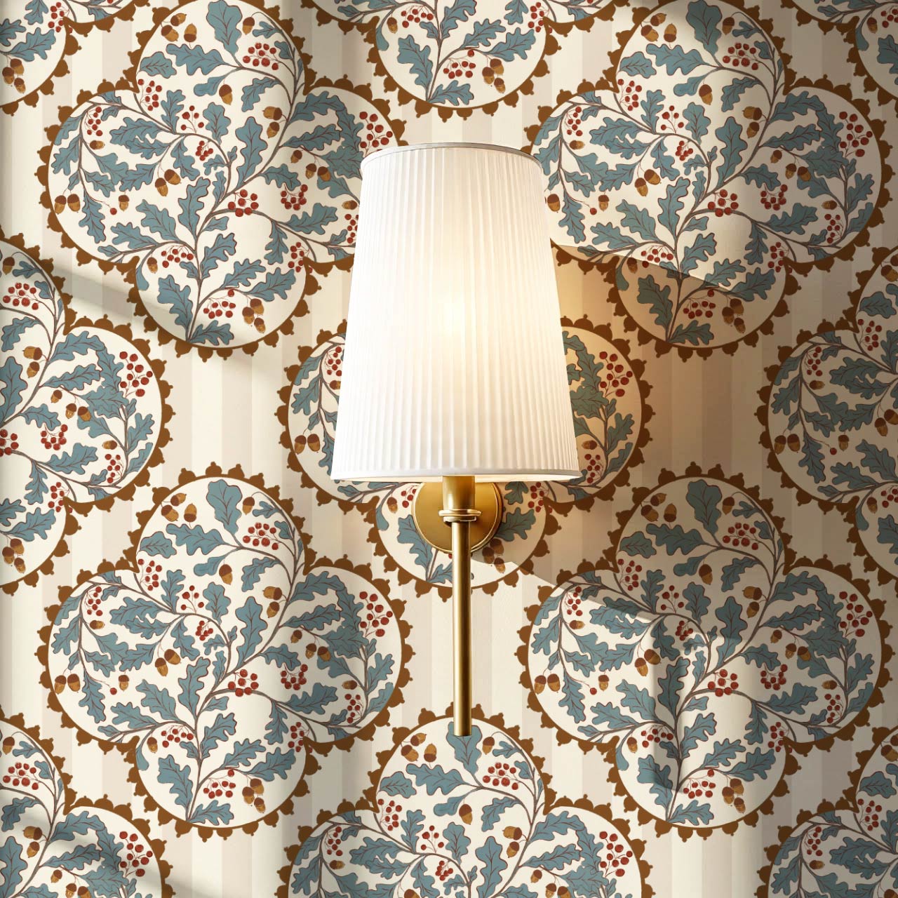 Herminia Oak Leaves Medalions Taupe Teal Wallpaper