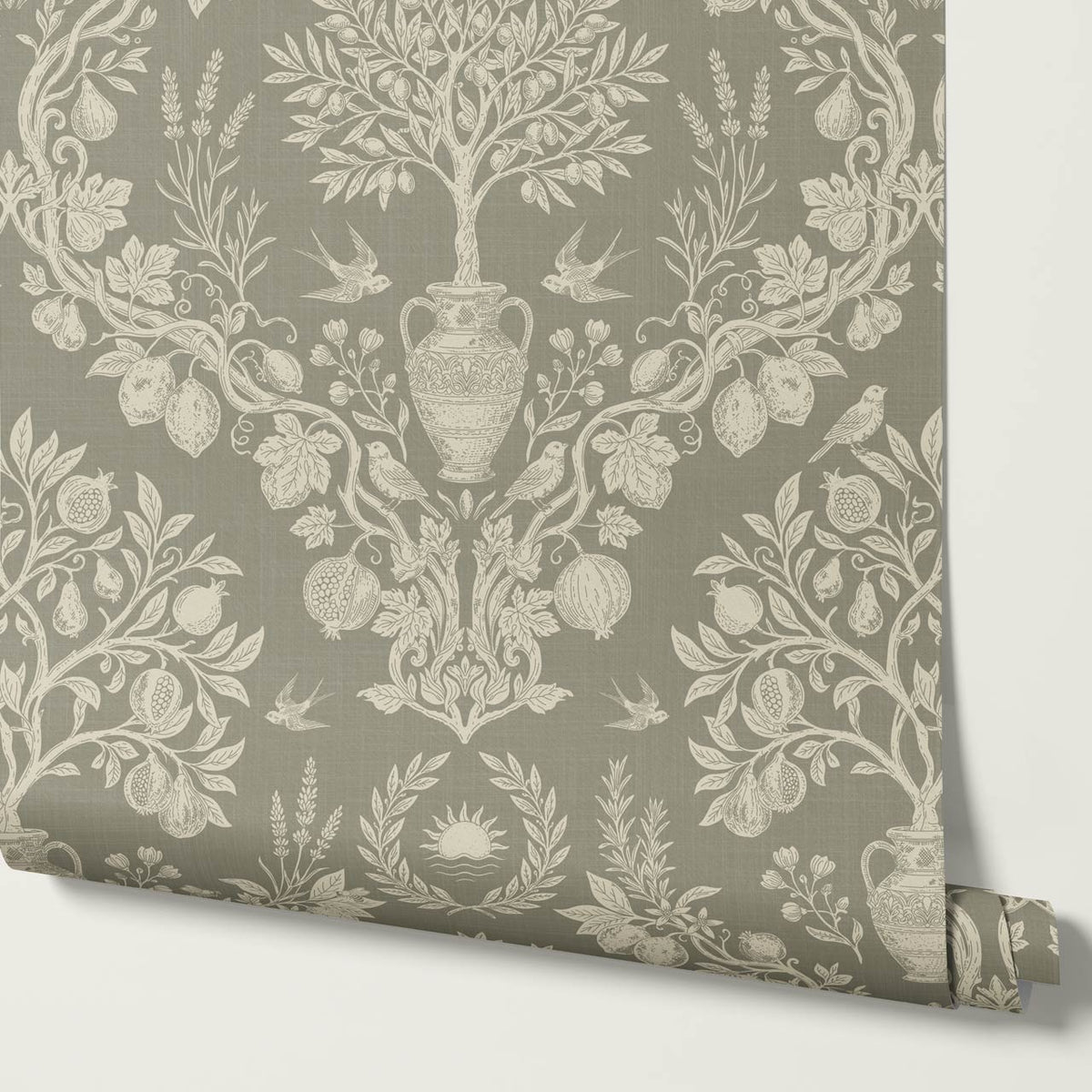 Hilaria Mediterranean Garden Olive Stone Ivory Wallpaper