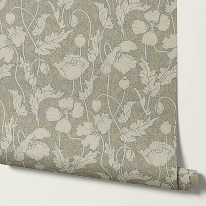 Astrella Poppy Deep Olive Taupe Wallpaper