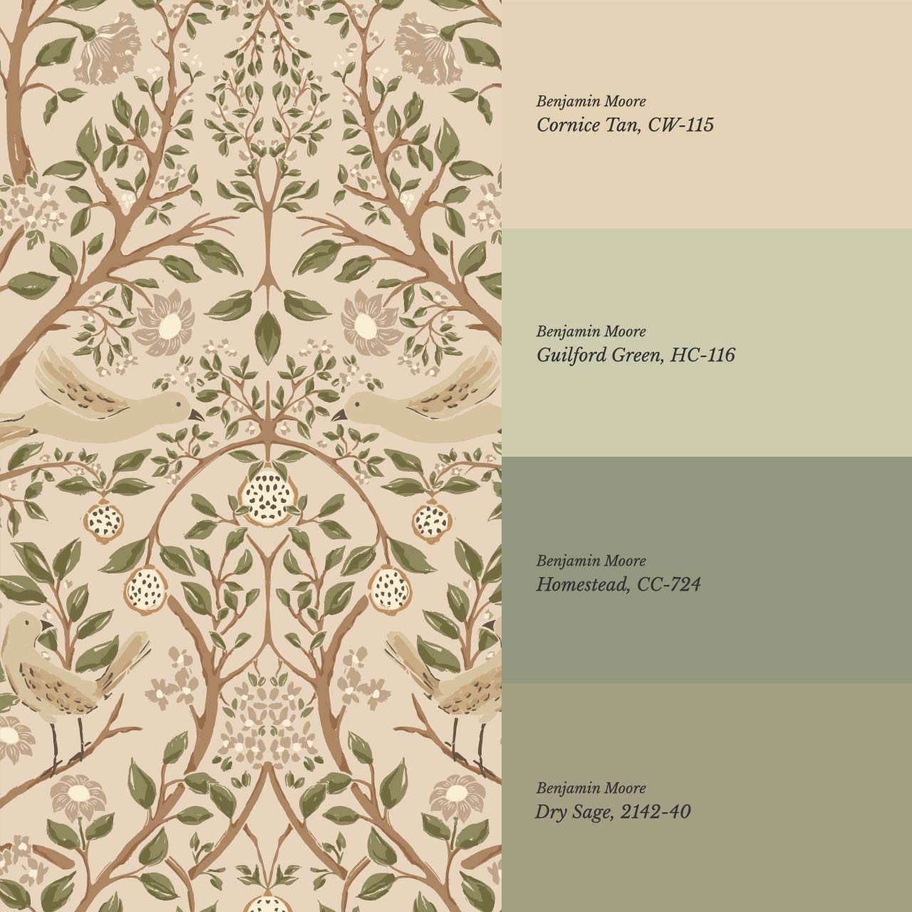 Isabeau Orchard Doves Tan Sage Wallpaper