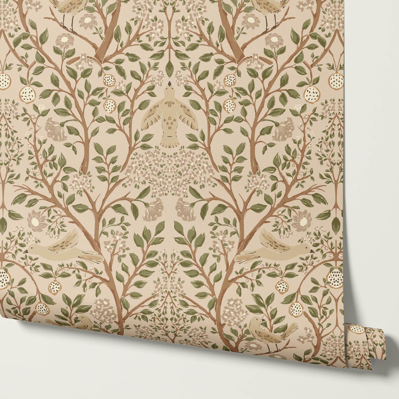 Isabeau Orchard Doves Tan Sage Wallpaper