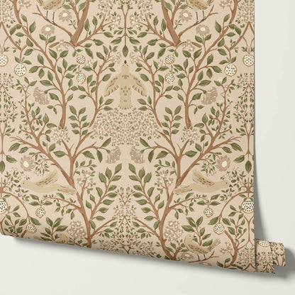 Isabeau Orchard Doves Tan Sage Wallpaper