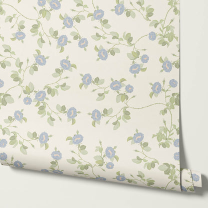 Isolde Wild Rose Blue Cream Wallpaper