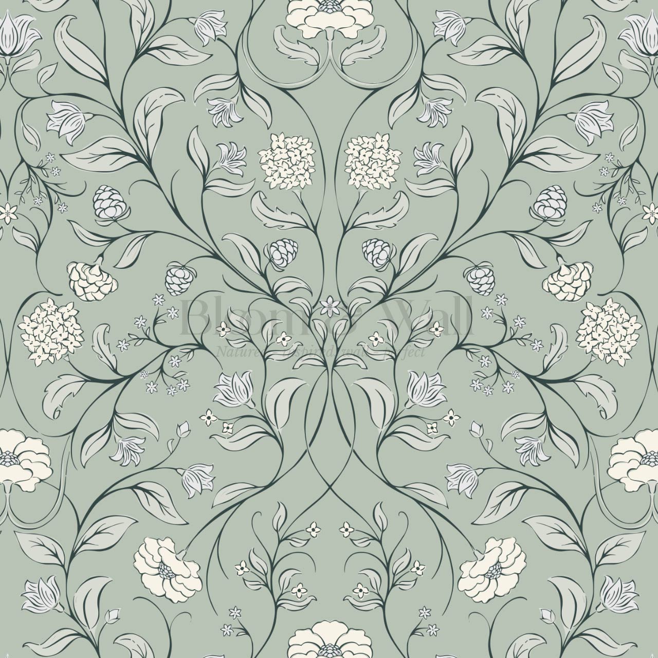 Ivara Botanical Filigree Lace Sage Cream Wallpaper