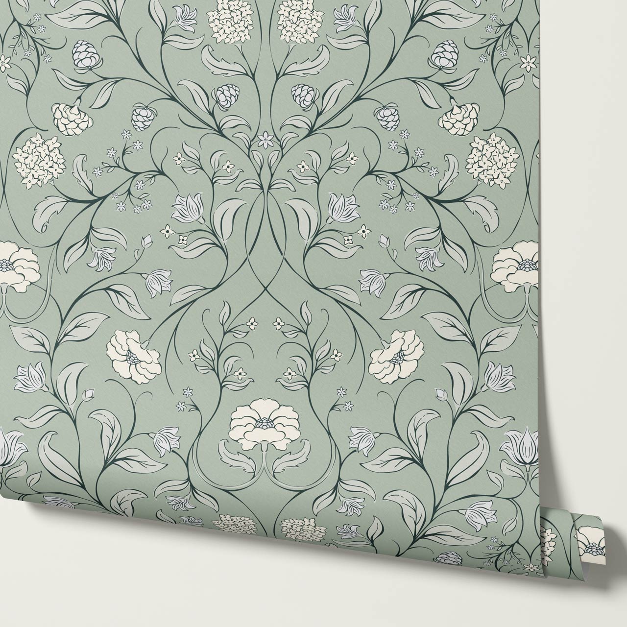 Ivara Botanical Filigree Lace Sage Cream Wallpaper