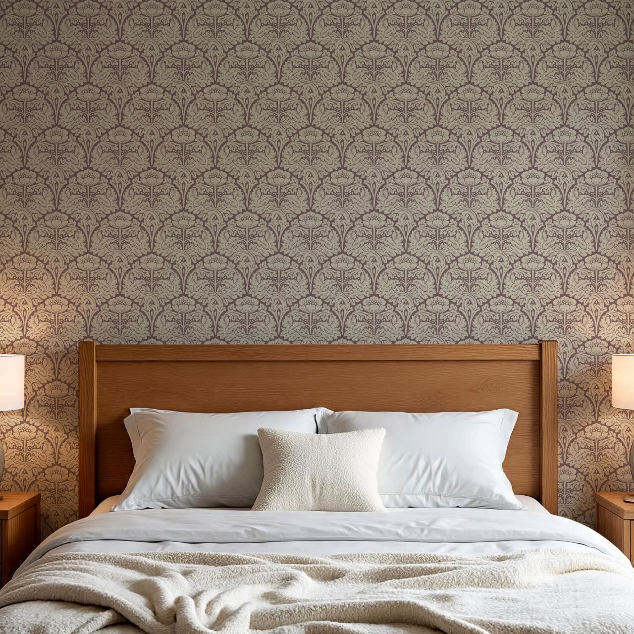Jane Acantus Leaf Damask Plum Haze Wallpaper