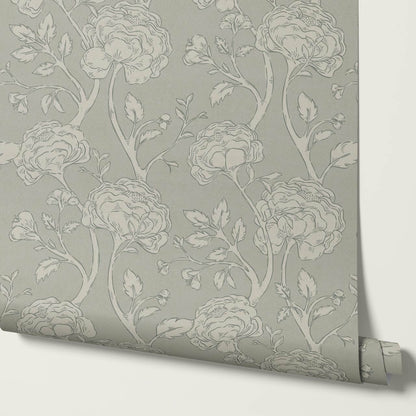 Janvier Peony Chinoiserie Sage Stone Wallpaper