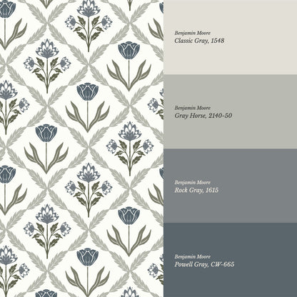 Joelle Tulip Damask Blue Wallpaper