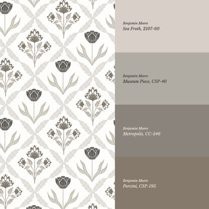 Joelle Tulip Damask Brown Wallpaper