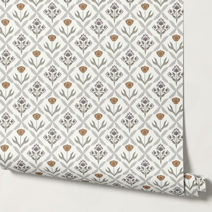 Joelle Tulip Damask Plum Wallpaper