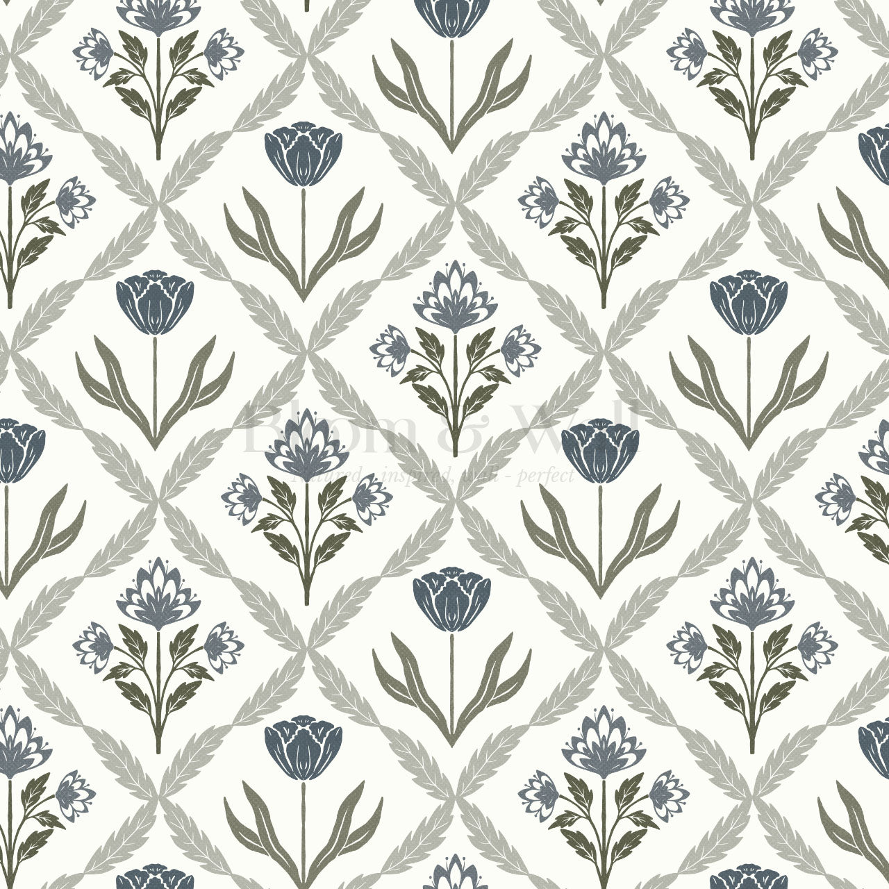 Joelle Tulip Damask Blue Wallpaper