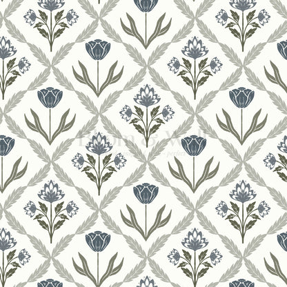 Joelle Tulip Damask Blue Wallpaper