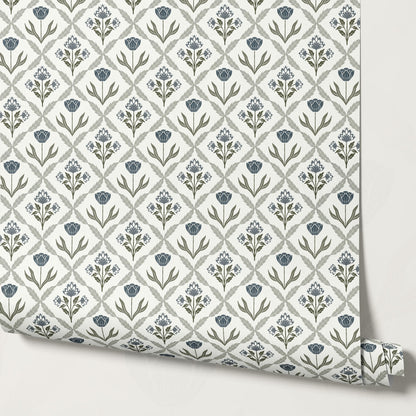Joelle Tulip Damask Blue Wallpaper