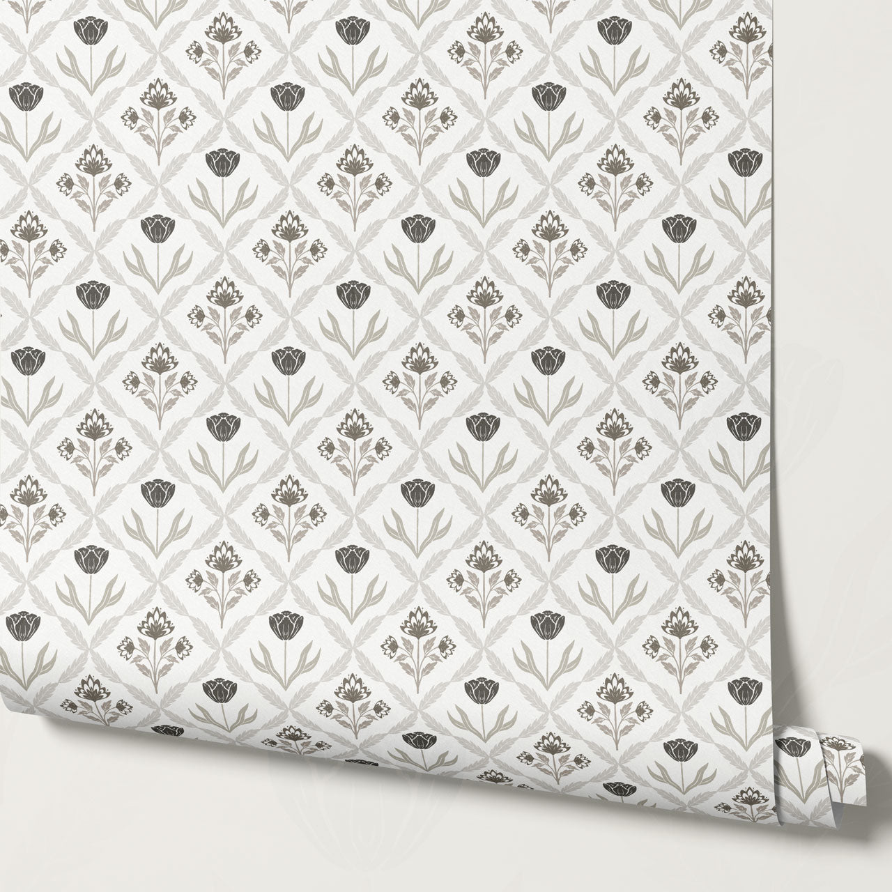 Joelle Tulip Damask Brown Wallpaper