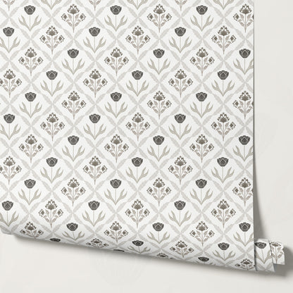 Joelle Tulip Damask Brown Wallpaper