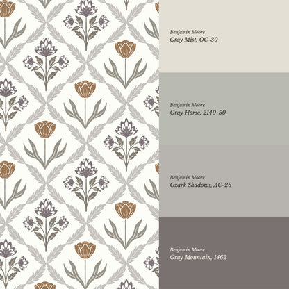 Joelle Tulip Damask Plum Wallpaper