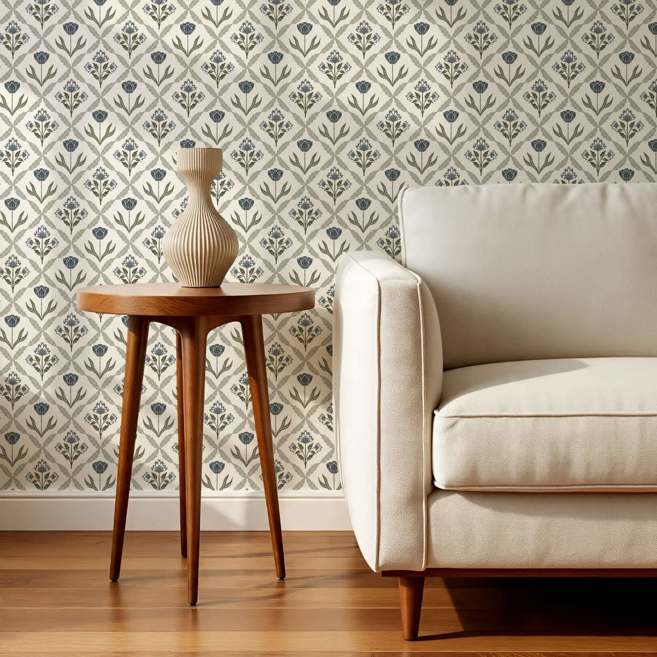Joelle Tulip Damask Blue Wallpaper
