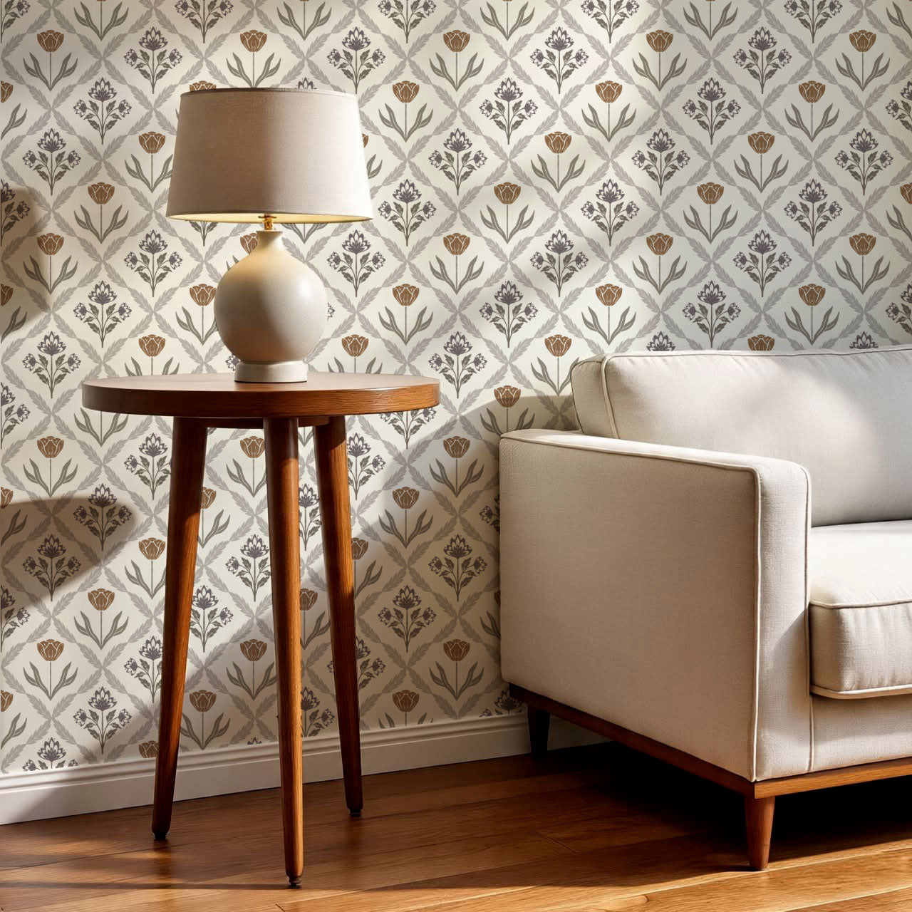 Joelle Tulip Damask Plum Wallpaper