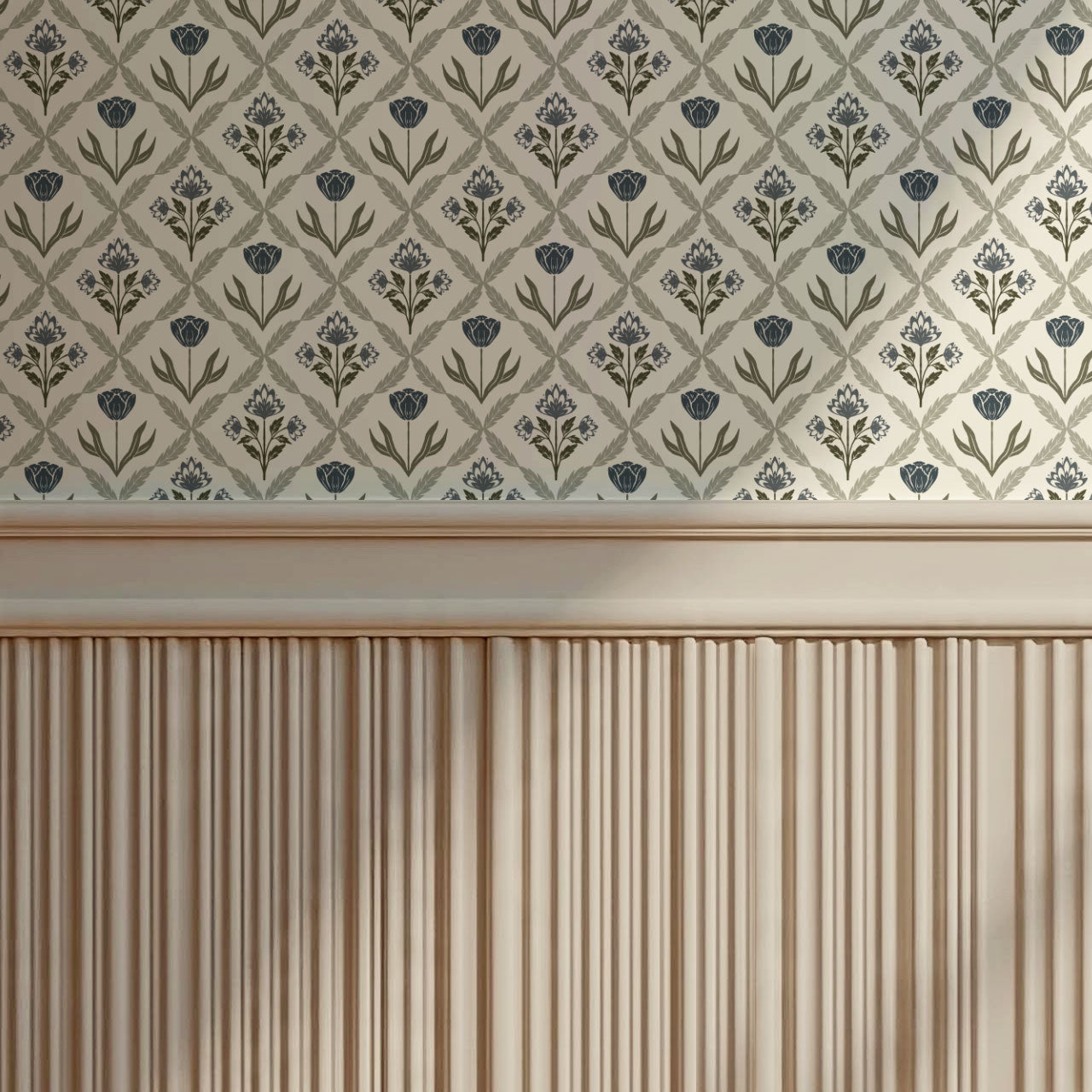Joelle Tulip Damask Blue Wallpaper