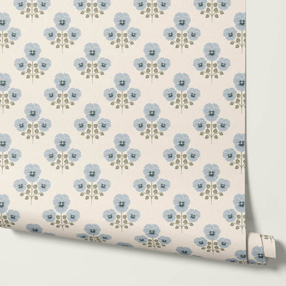 Josefina Pansies Cream French Blue Wallpaper