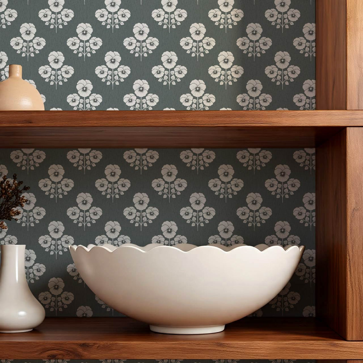 Josefina Pansies Slate Smoke Wallpaper