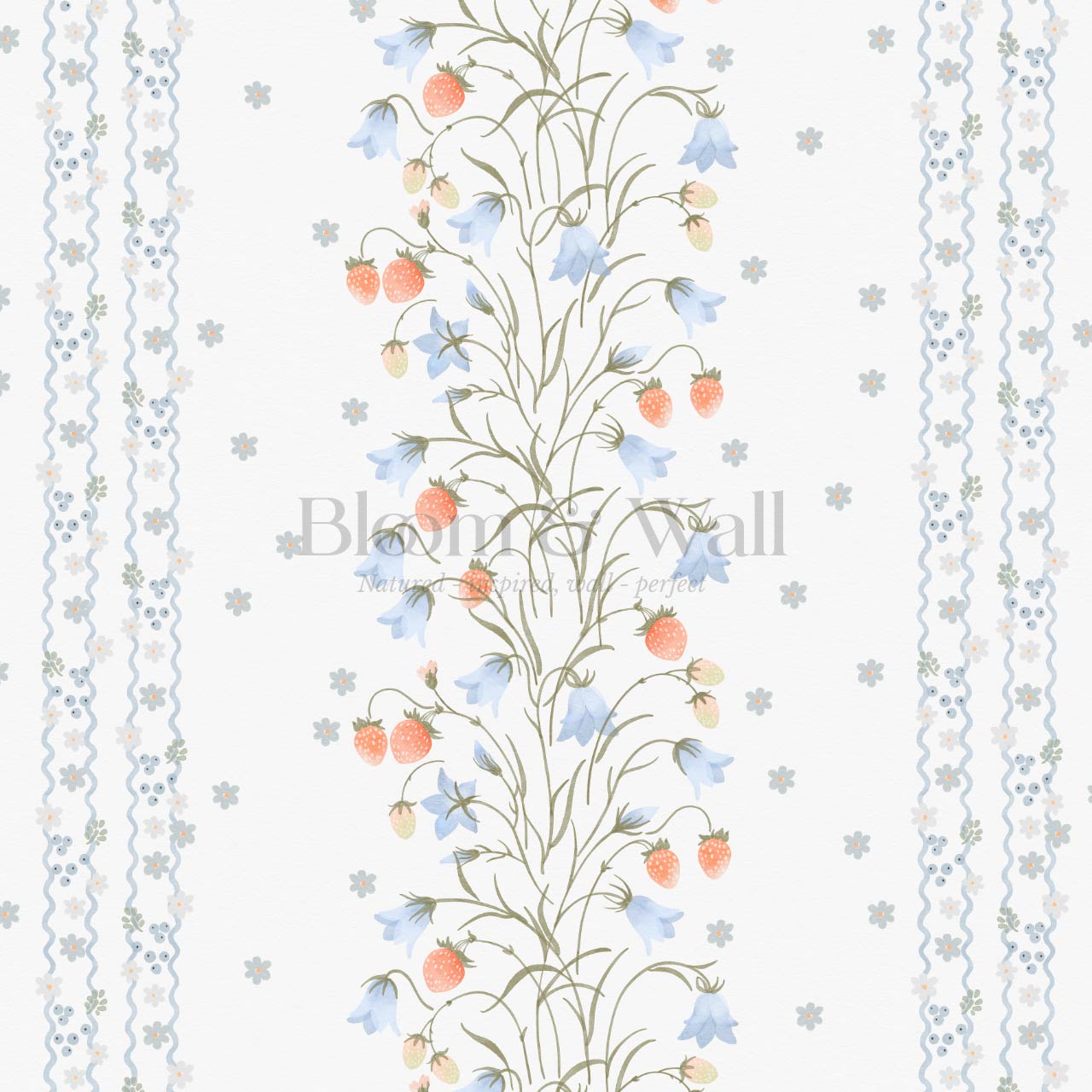 Julieta Blue Bell Strawberry Watercolor Garden White Sky Wallpaper