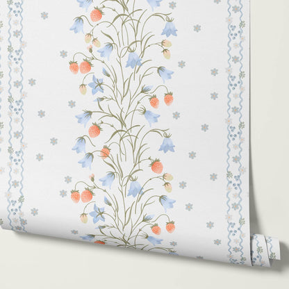 Julieta Blue Bell Strawberry Watercolor Garden White Sky Wallpaper