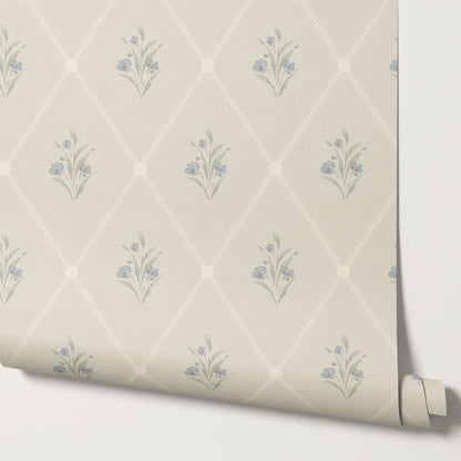 Juliette Diamond Florals Slate Blue Wallpaper