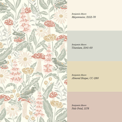 Juni The Mushroom Garden's Little Frogs Sage Pink Wallpaper