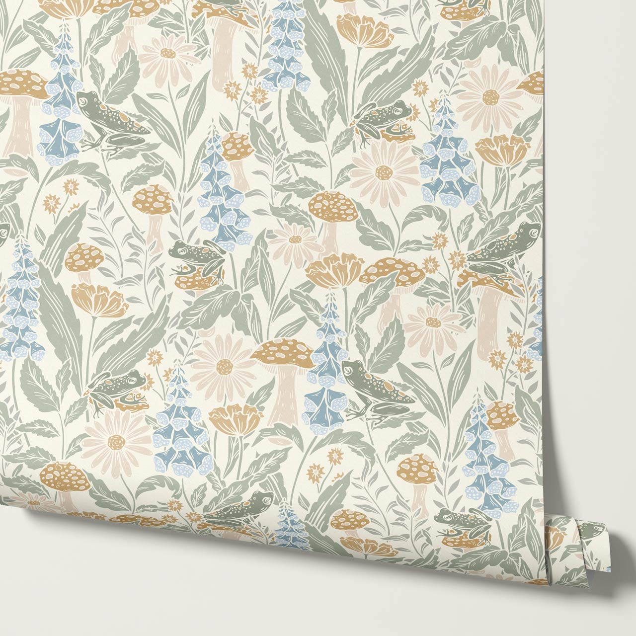 Juni The Mushroom Garden's Little Frogs Sage Sky Wallpaper