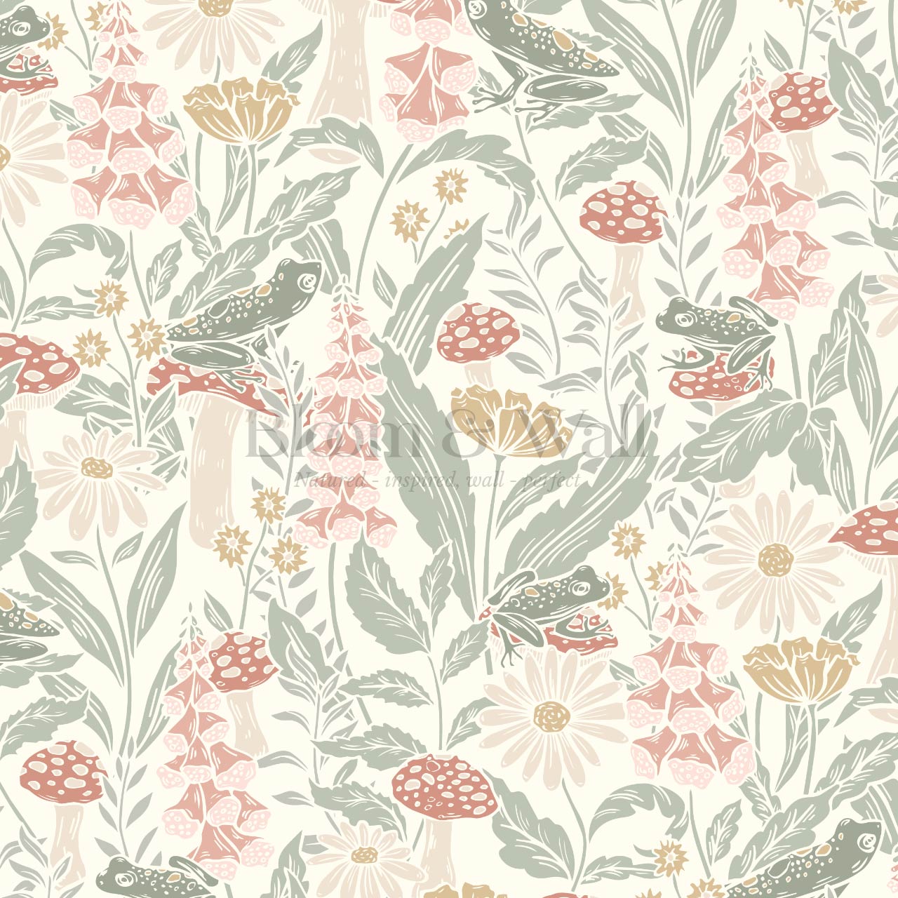 Juni The Mushroom Garden's Little Frogs Sage Pink Wallpaper