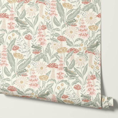 Juni The Mushroom Garden's Little Frogs Sage Pink Wallpaper