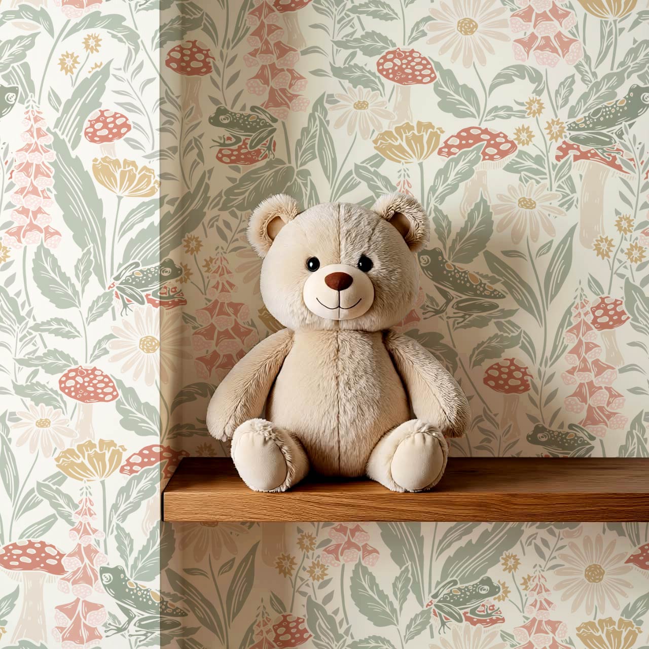 Juni The Mushroom Garden's Little Frogs Sage Pink Wallpaper