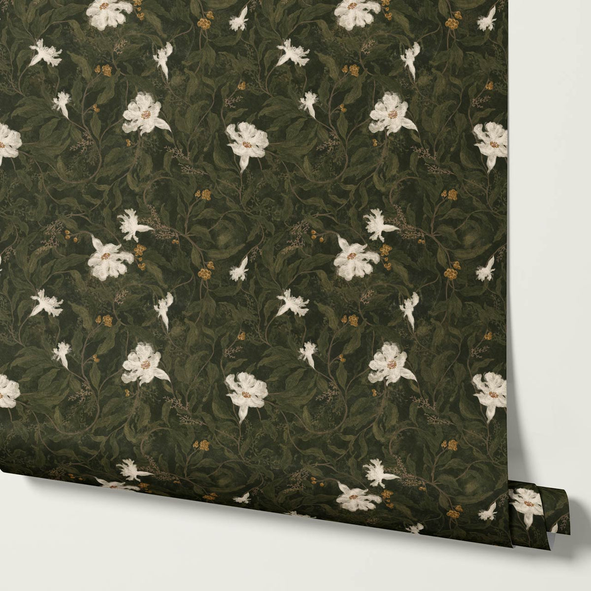 Kairo Midnight Garden Deep Moss Cream Wallpaper