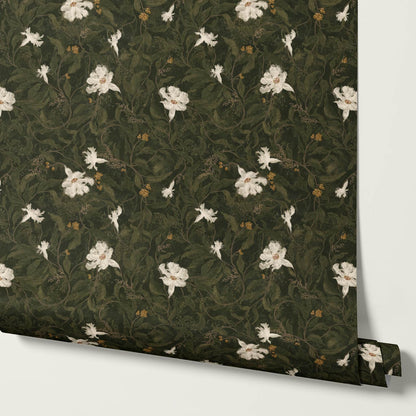 Kairo Midnight Garden Deep Moss Cream Wallpaper