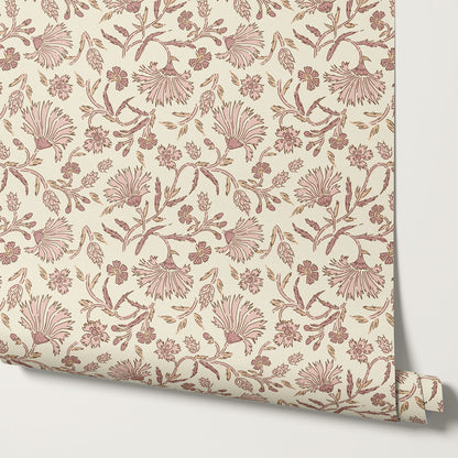 Kalami Floral Pink Cream Wallpaper