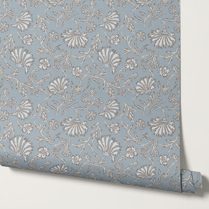 Kalami Floral Vintage Blue Wallpaper