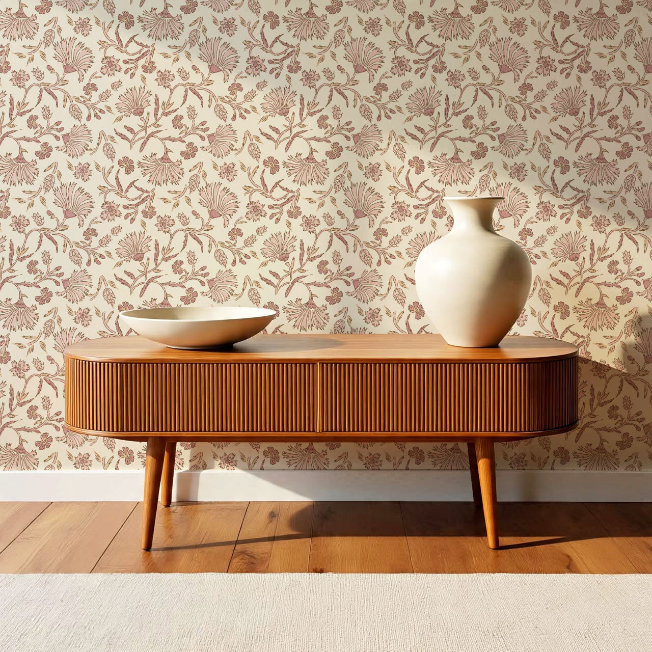 Kalami Floral Pink Cream Wallpaper