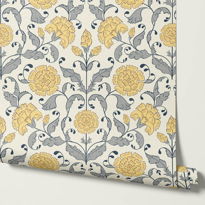 Kalpana Bloomery Butter Yellow and Stone Grey Wallpaper