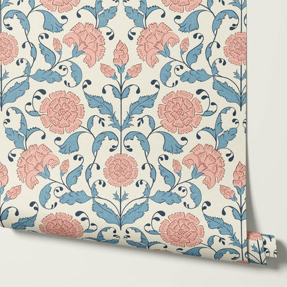 Kalpana Bloomery Peachy Pink and Teal Wallpaper