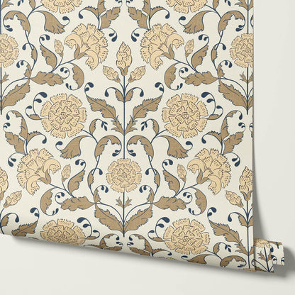 Kalpana Bloomery Peachy White and Tan Beige Wallpaper