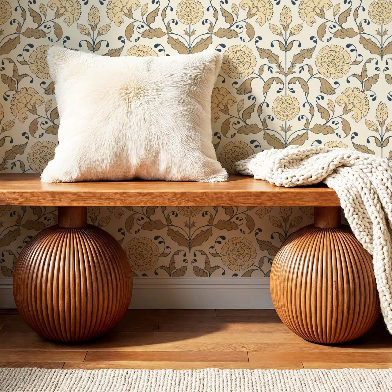 Kalpana Bloomery Peachy White and Tan Beige Wallpaper
