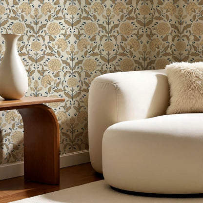 Kalpana Bloomery Peachy White and Tan Beige Wallpaper