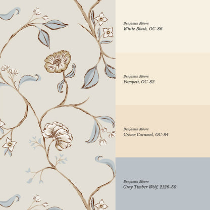 Kinnette Whimsical Floral Chinoiserie Taupe French Blue Wallpaper