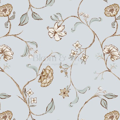 Kinnette Whimsical Floral Chinoiserie Dove Blue Wallpaper