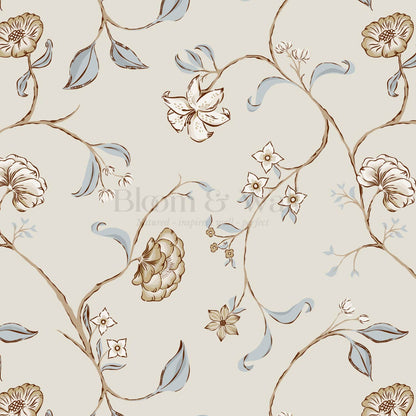 Kinnette Whimsical Floral Chinoiserie Taupe French Blue Wallpaper