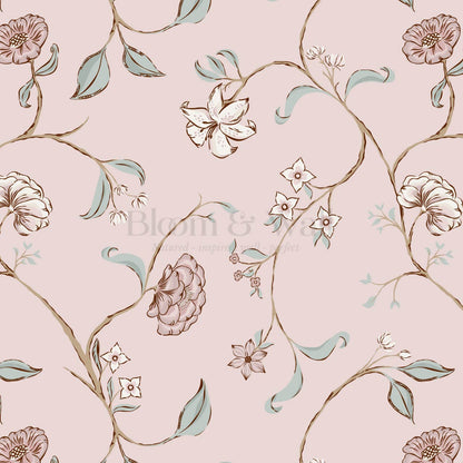 Kinnette Whimsical Floral Chinoiserie Pink Sage Wallpaper