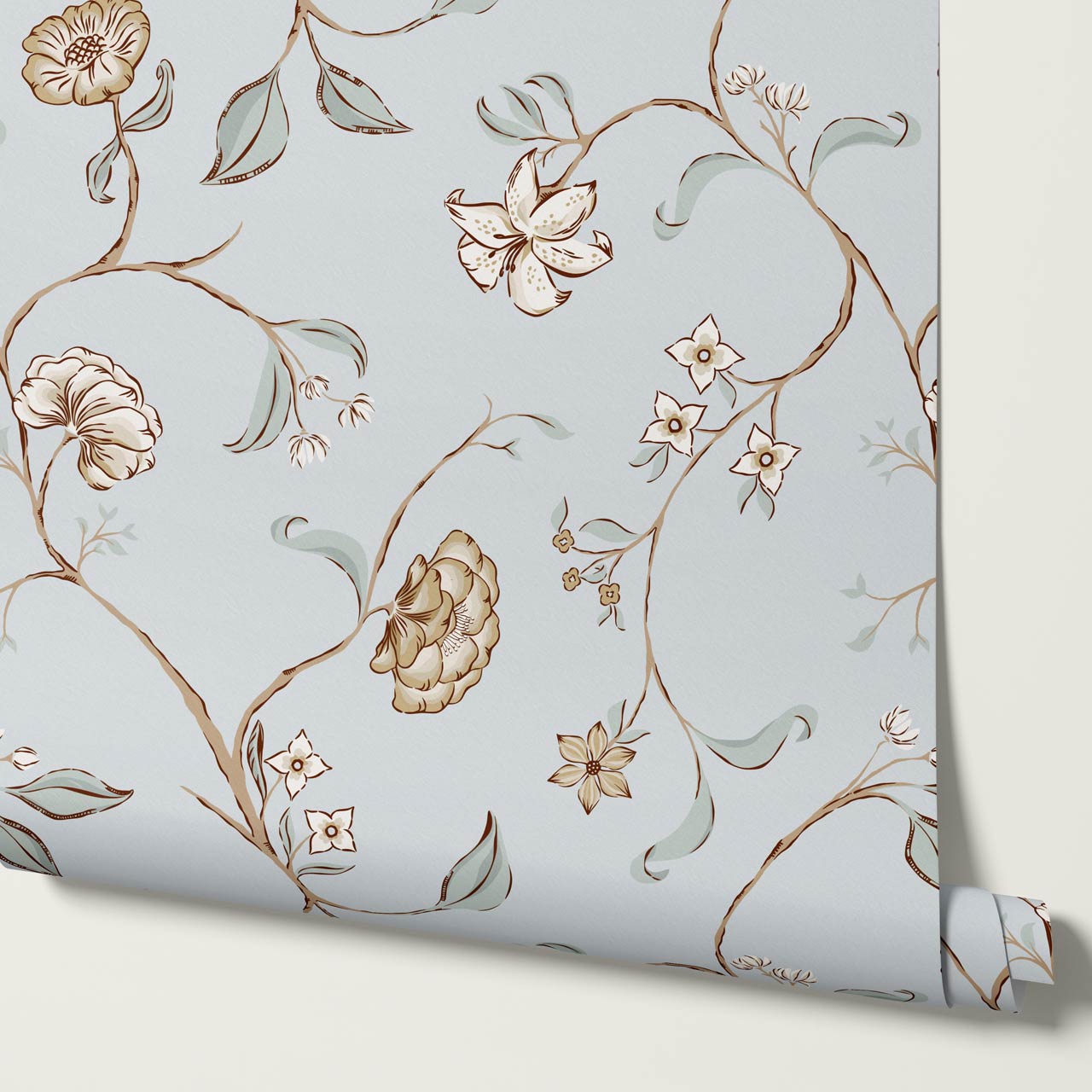 Kinnette Whimsical Floral Chinoiserie Dove Blue Wallpaper