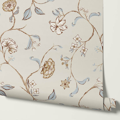 Kinnette Whimsical Floral Chinoiserie Taupe French Blue Wallpaper